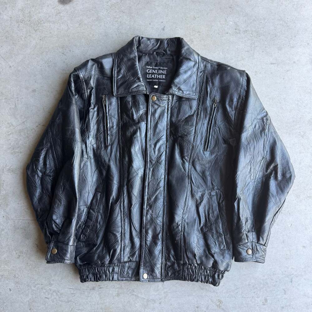 Vintage Italian Stone genuine leather zip up black jacket,  Large